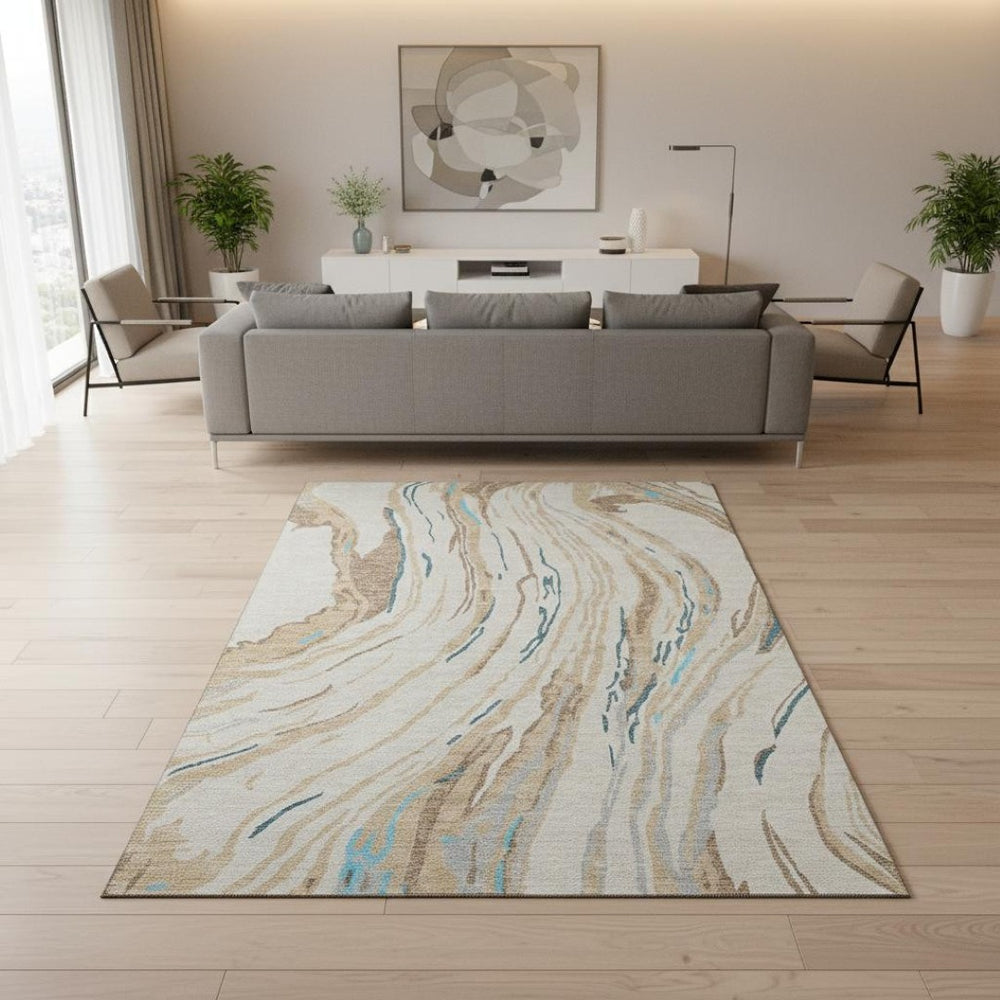 HomeRoots 5' X 8' Washable Abstract Area Rug in Beige, Teal & Brown - Stain Resistant & UV Protected Design 681355