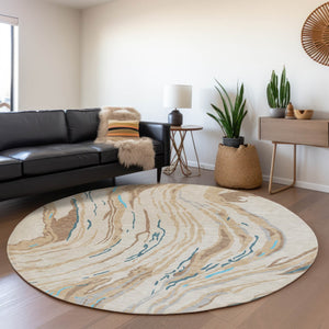 HomeRoots 8' Beige Teal And Brown Abstract Round Rug - Washable, UV-Protected, Perfect for High-Traffic Areas 681356