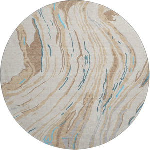 HomeRoots 8' Beige Teal And Brown Abstract Round Rug - Washable, UV-Protected, Perfect for High-Traffic Areas 681356