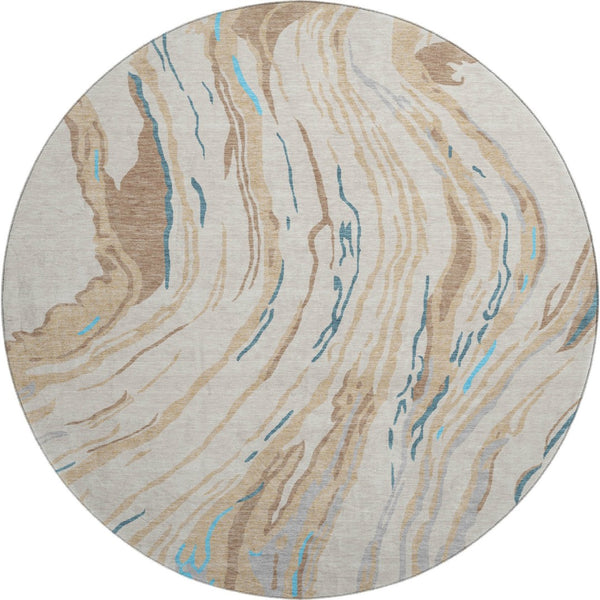 HomeRoots 8' Beige Teal And Brown Abstract Round Rug - Washable, UV-Protected, Perfect for High-Traffic Areas 681356