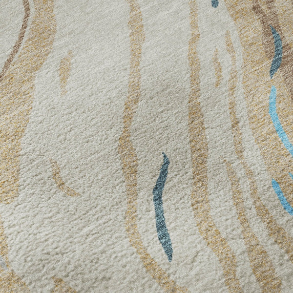 HomeRoots 8' Beige Teal And Brown Abstract Round Rug - Washable, UV-Protected, Perfect for High-Traffic Areas 681356
