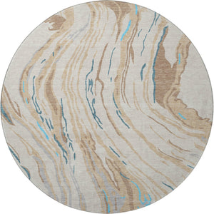 HomeRoots 8' Beige Teal And Brown Abstract Round Rug - Washable, UV-Protected, Perfect for High-Traffic Areas 681356