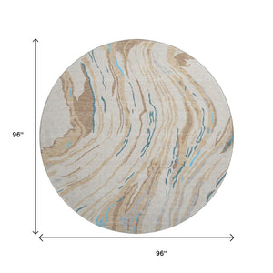 HomeRoots 8' Beige Teal And Brown Abstract Round Rug - Washable, UV-Protected, Perfect for High-Traffic Areas 681356