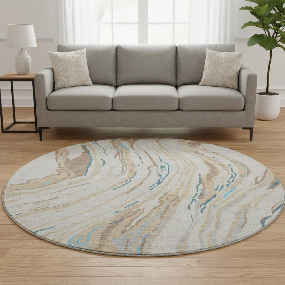 HomeRoots 8' Beige Teal And Brown Abstract Round Rug - Washable, UV-Protected, Perfect for High-Traffic Areas 681356