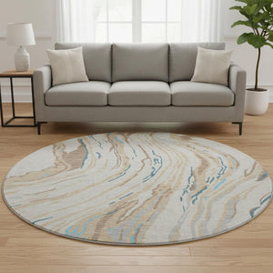 HomeRoots 8' Beige Teal And Brown Abstract Round Rug - Washable, UV-Protected, Perfect for High-Traffic Areas 681356