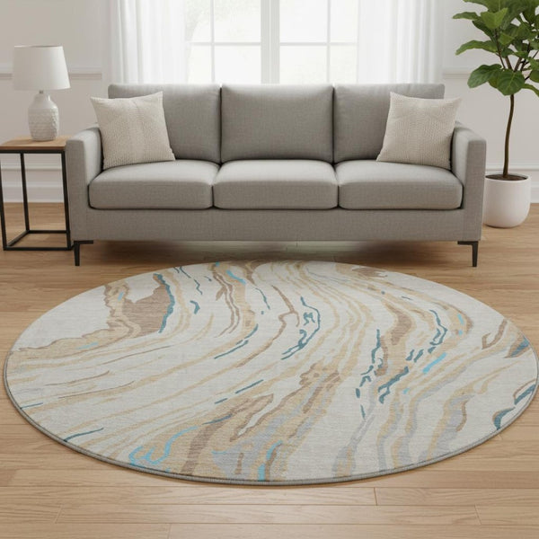 HomeRoots 8' Beige Teal And Brown Abstract Round Rug - Washable, UV-Protected, Perfect for High-Traffic Areas 681356