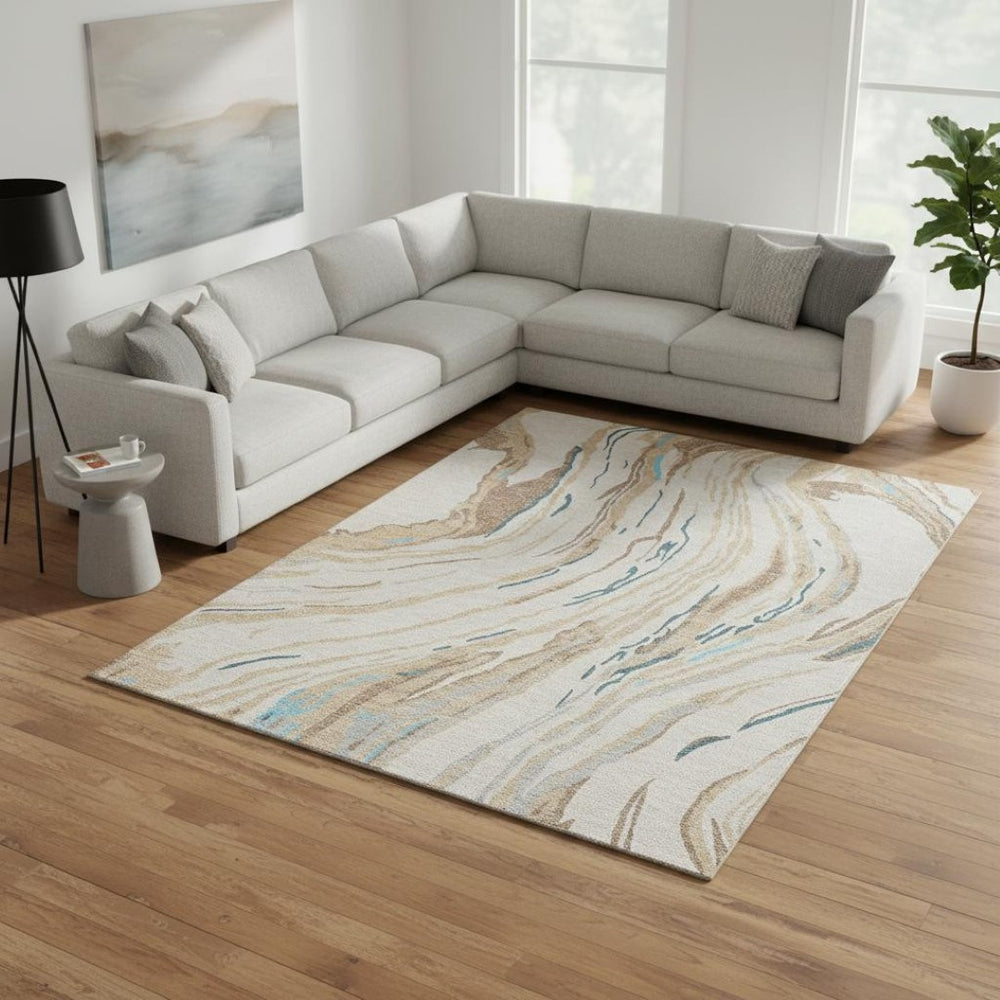HomeRoots 8' X 10' Washable Abstract Area Rug in Beige, Teal & Brown – Stain Resistant, UV Protected Design 681357