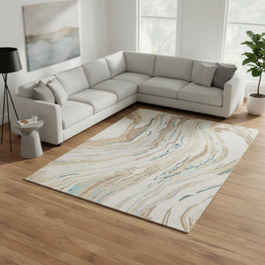 HomeRoots 8' X 10' Washable Abstract Area Rug in Beige, Teal & Brown – Stain Resistant, UV Protected Design 681357