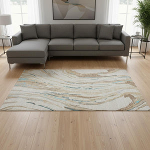 HomeRoots 9' X 12' Washable Beige Teal & Brown Abstract Area Rug with UV Protection for Modern Spaces 681358