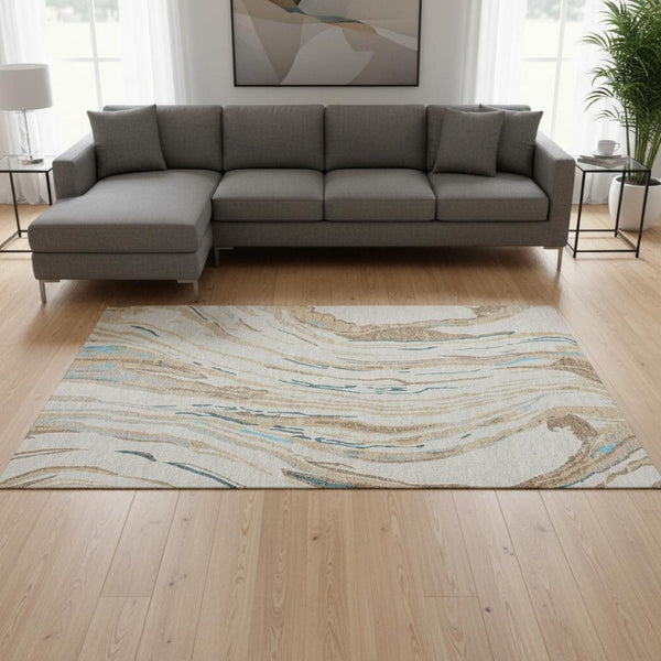 HomeRoots 9' X 12' Washable Beige Teal & Brown Abstract Area Rug with UV Protection for Modern Spaces 681358