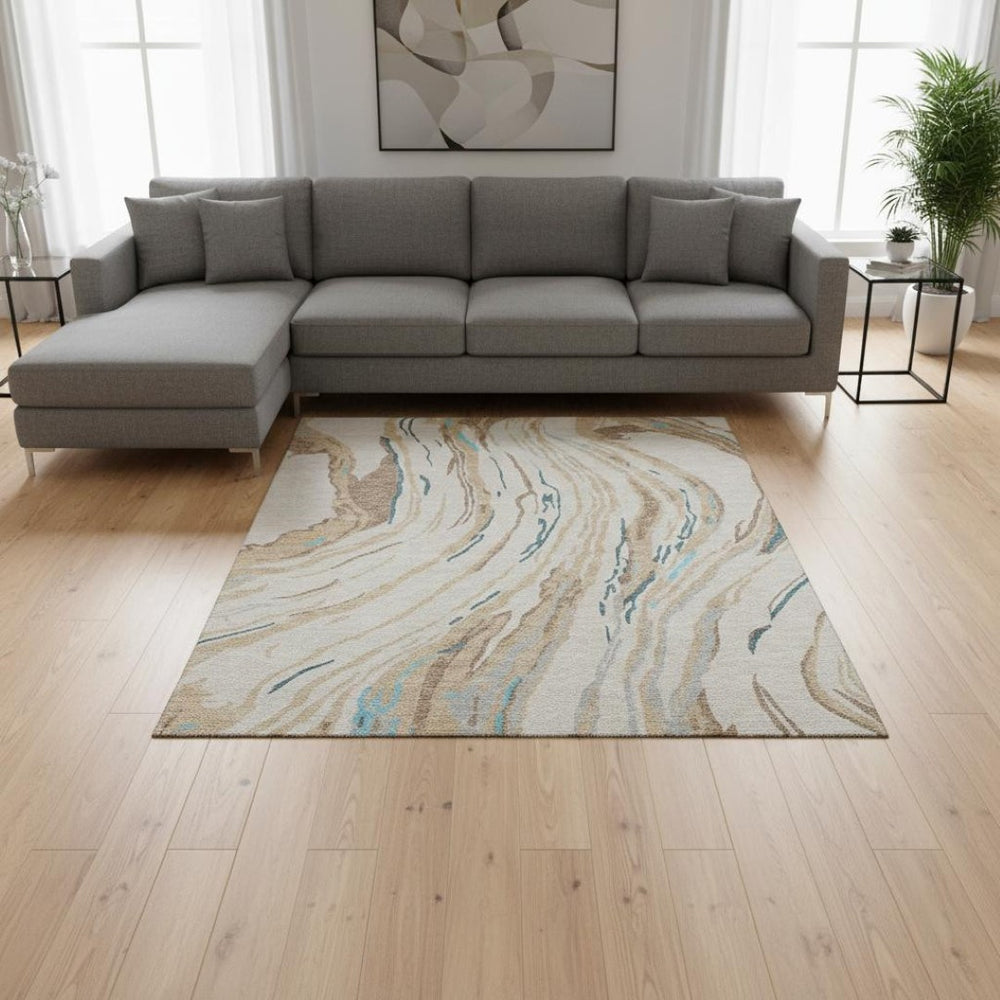 HomeRoots 10' X 14' Abstract Area Rug in Beige, Teal & Brown – Stain Resistant, UV Protected, Stylish & Durable 681359