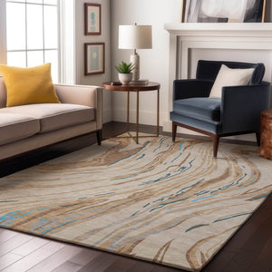 HomeRoots 10' X 14' Abstract Area Rug in Beige, Teal & Brown – Stain Resistant, UV Protected, Stylish & Durable 681359