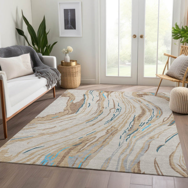 HomeRoots 10' X 14' Abstract Area Rug in Beige, Teal & Brown – Stain Resistant, UV Protected, Stylish & Durable 681359
