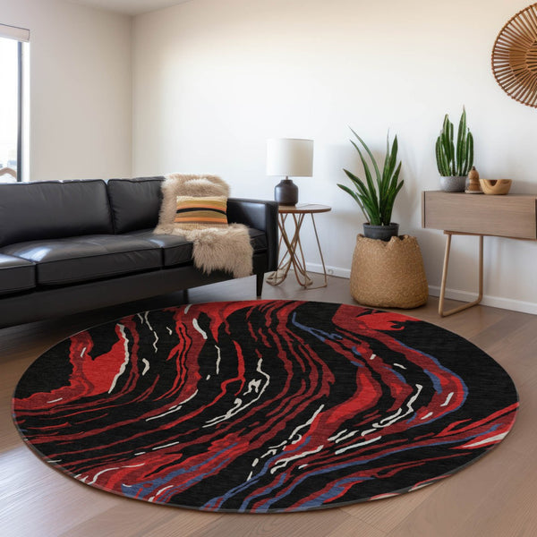 HomeRoots 8' Washable Round Rug in Bold Black, Red & Blue Abstract Design - UV Resistant & Pet-Friendly! 681362