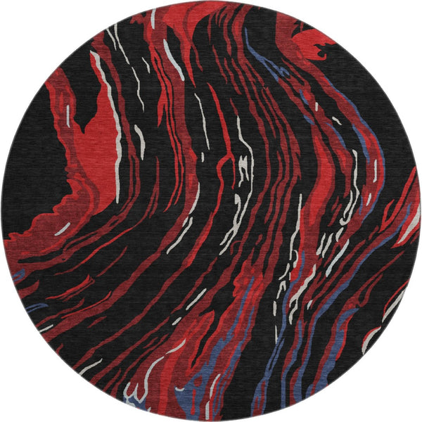 HomeRoots 8' Washable Round Rug in Bold Black, Red & Blue Abstract Design - UV Resistant & Pet-Friendly! 681362