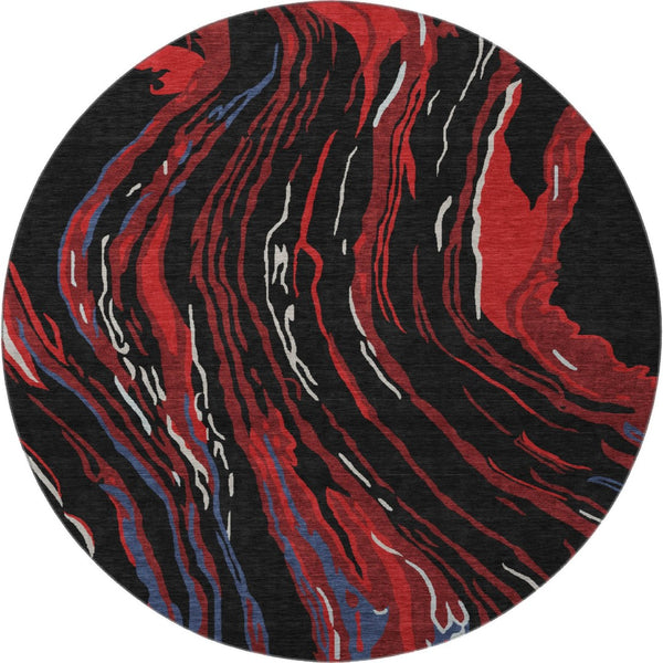 HomeRoots 8' Washable Round Rug in Bold Black, Red & Blue Abstract Design - UV Resistant & Pet-Friendly! 681362