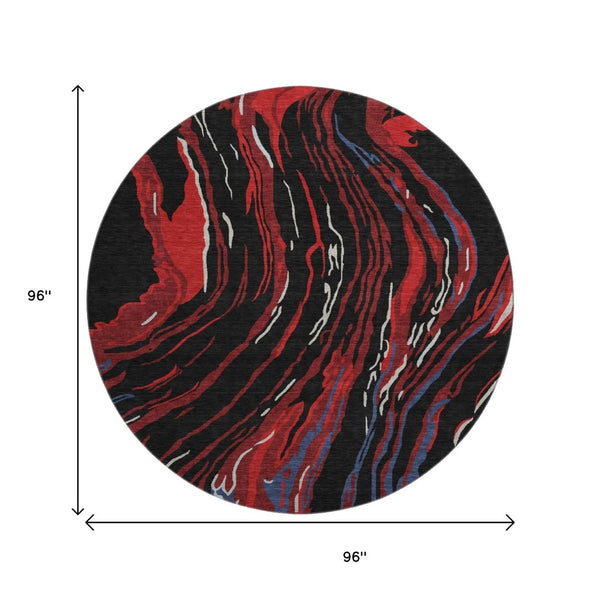 HomeRoots 8' Washable Round Rug in Bold Black, Red & Blue Abstract Design - UV Resistant & Pet-Friendly! 681362
