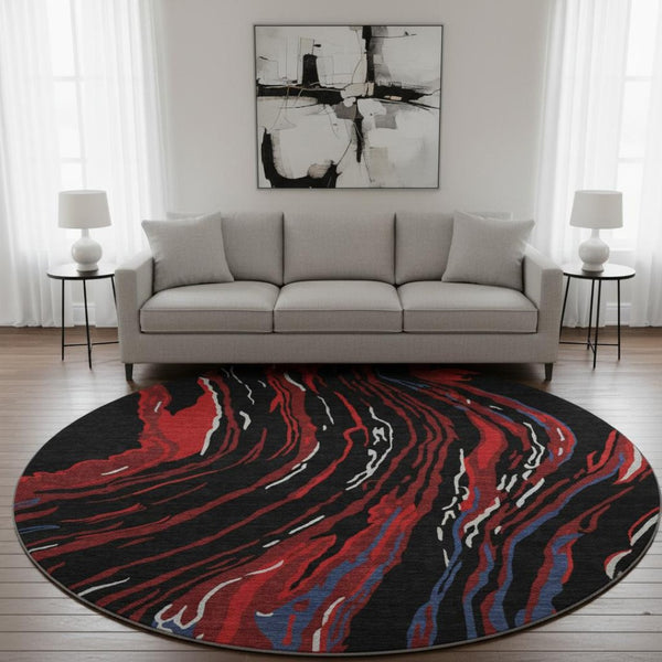 HomeRoots 8' Washable Round Rug in Bold Black, Red & Blue Abstract Design - UV Resistant & Pet-Friendly! 681362