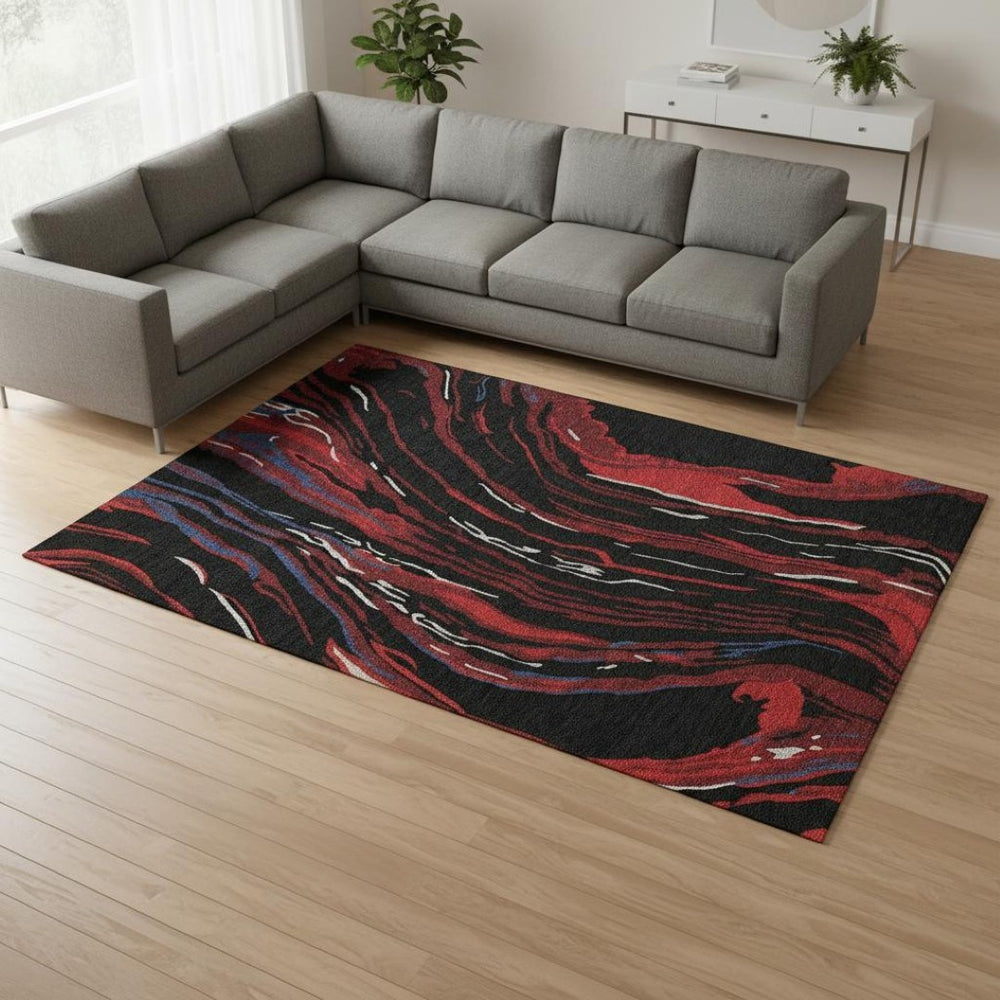 HomeRoots 8' X 10' Abstract Area Rug in Black, Red & Blue – Washable, UV Protected, Stain Resistant Design! 681363