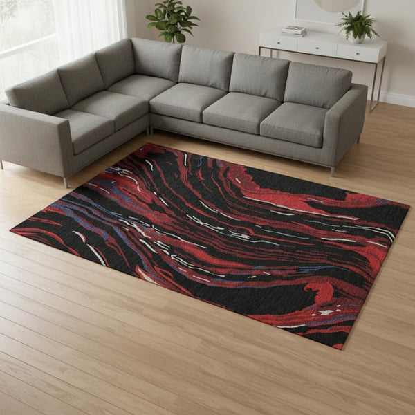 HomeRoots 8' X 10' Abstract Area Rug in Black, Red & Blue – Washable, UV Protected, Stain Resistant Design! 681363