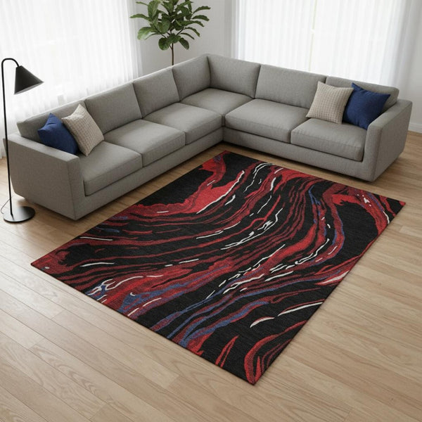 HomeRoots 9' X 12' Abstract Area Rug in Black, Red, and Blue - Washable, UV-Protected, Stylish & Durable! 681364