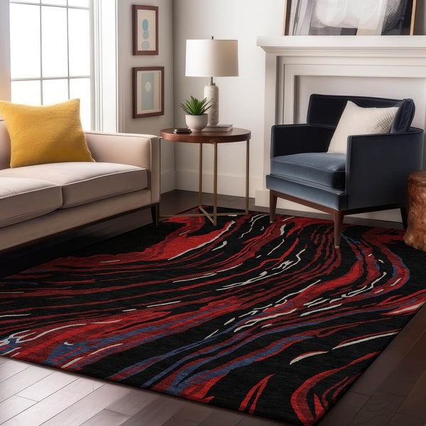 HomeRoots 9' X 12' Abstract Area Rug in Black, Red, and Blue - Washable, UV-Protected, Stylish & Durable! 681364