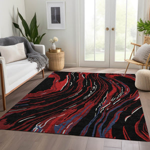 HomeRoots 9' X 12' Abstract Area Rug in Black, Red, and Blue - Washable, UV-Protected, Stylish & Durable! 681364