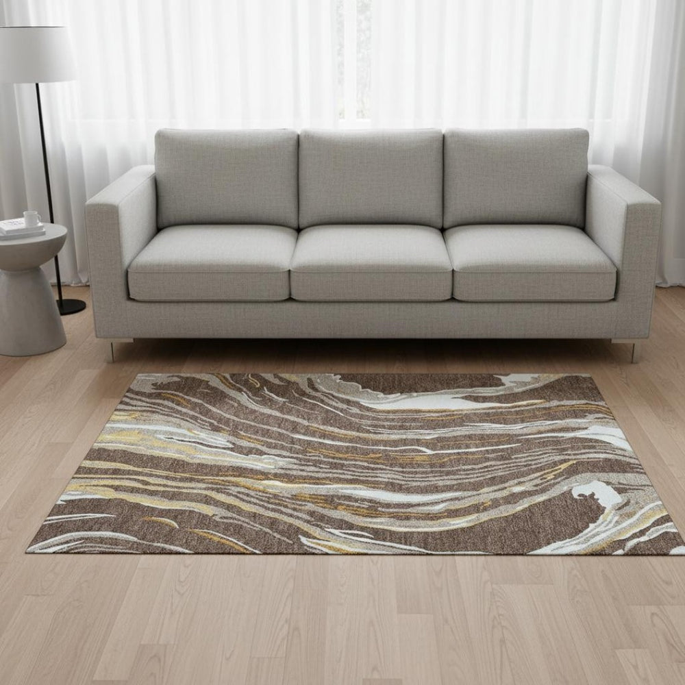 HomeRoots 5' X 8' Stylish Brown Ivory Taupe Abstract Washable Area Rug with UV Protection for High Traffic Use 681367