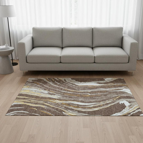 HomeRoots 5' X 8' Stylish Brown Ivory Taupe Abstract Washable Area Rug with UV Protection for High Traffic Use 681367