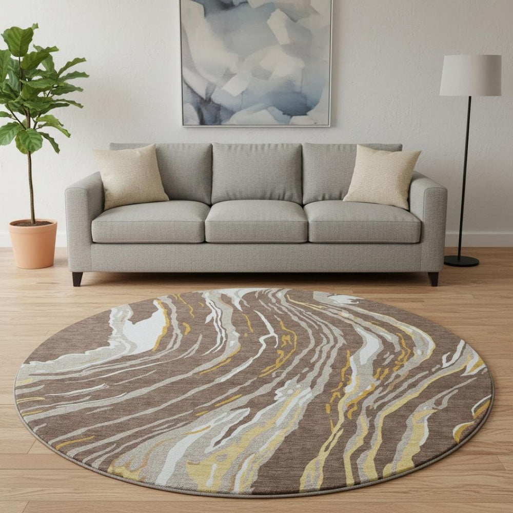 HomeRoots 8' Washable Round Area Rug in Brown, Ivory & Taupe - Durable, UV-Protected, Abstract Design for Modern Homes 681368