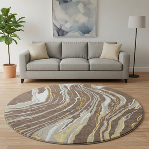 HomeRoots 8' Washable Round Area Rug in Brown, Ivory & Taupe - Durable, UV-Protected, Abstract Design for Modern Homes 681368