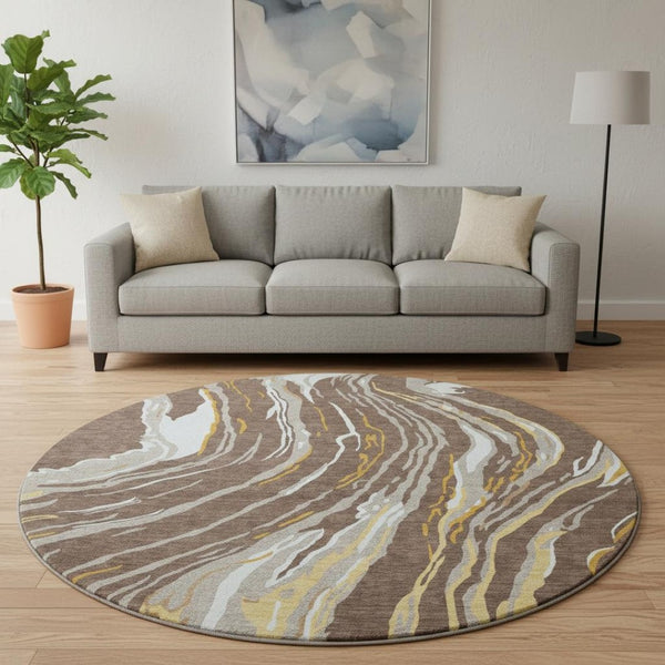 HomeRoots 8' Washable Round Area Rug in Brown, Ivory & Taupe - Durable, UV-Protected, Abstract Design for Modern Homes 681368