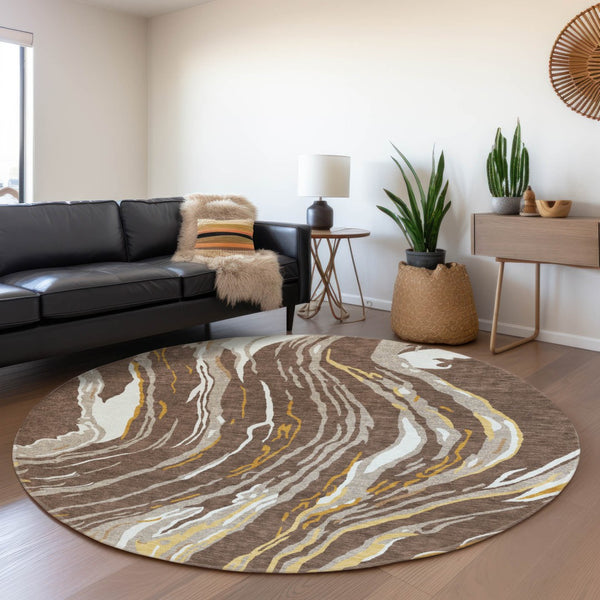 HomeRoots 8' Washable Round Area Rug in Brown, Ivory & Taupe - Durable, UV-Protected, Abstract Design for Modern Homes 681368