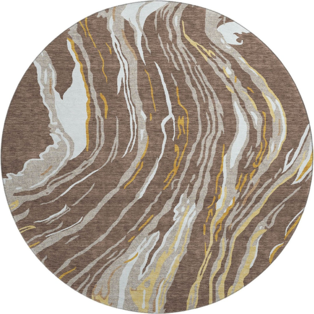 HomeRoots 8' Washable Round Area Rug in Brown, Ivory & Taupe - Durable, UV-Protected, Abstract Design for Modern Homes 681368