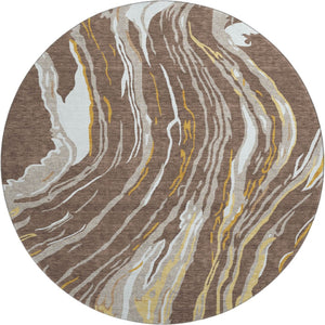 HomeRoots 8' Washable Round Area Rug in Brown, Ivory & Taupe - Durable, UV-Protected, Abstract Design for Modern Homes 681368