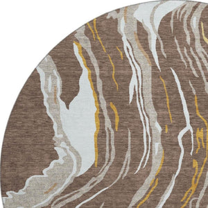HomeRoots 8' Washable Round Area Rug in Brown, Ivory & Taupe - Durable, UV-Protected, Abstract Design for Modern Homes 681368