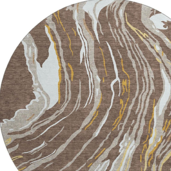 HomeRoots 8' Washable Round Area Rug in Brown, Ivory & Taupe - Durable, UV-Protected, Abstract Design for Modern Homes 681368