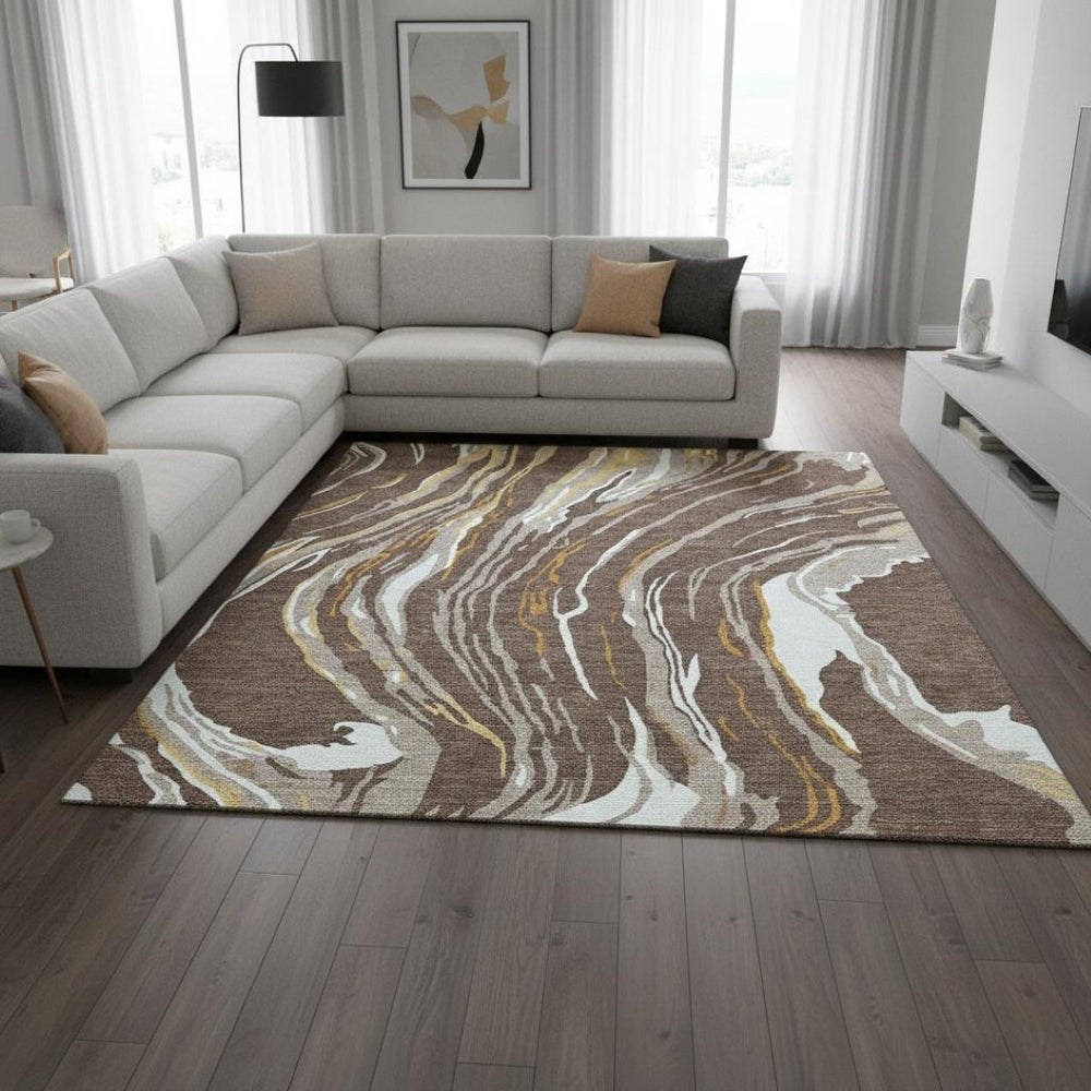 HomeRoots 8' X 10' Brown Ivory Taupe Abstract Washable Area Rug - Stain Resistant with UV Protection & Style 681369