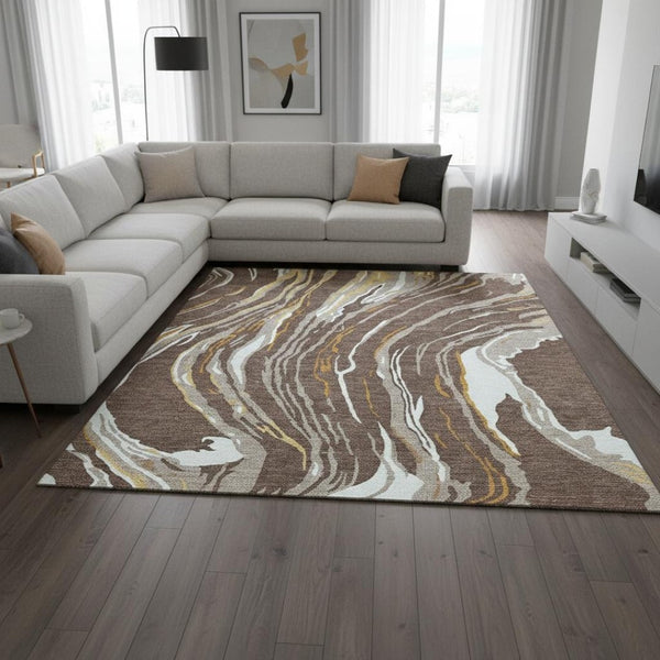 HomeRoots 8' X 10' Brown Ivory Taupe Abstract Washable Area Rug - Stain Resistant with UV Protection & Style 681369