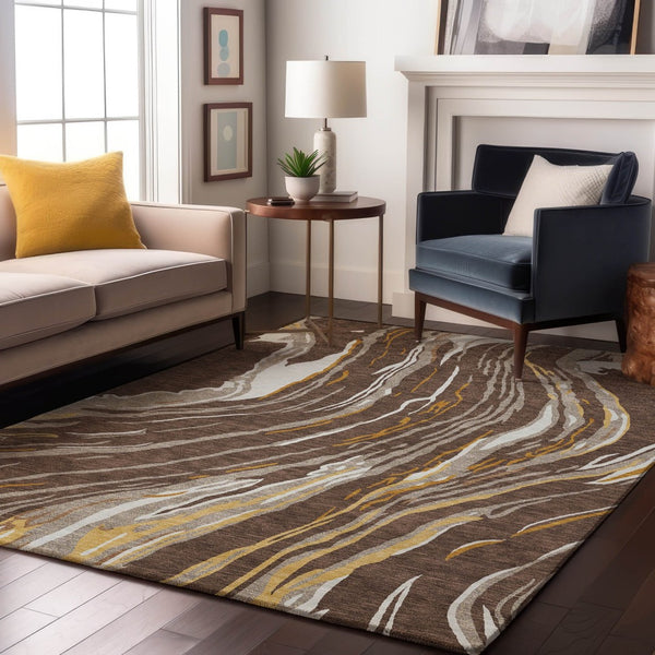HomeRoots 8' X 10' Brown Ivory Taupe Abstract Washable Area Rug - Stain Resistant with UV Protection & Style 681369