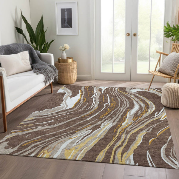 HomeRoots 8' X 10' Brown Ivory Taupe Abstract Washable Area Rug - Stain Resistant with UV Protection & Style 681369
