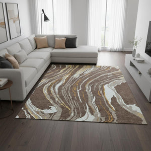 HomeRoots 9' X 12' Washable Area Rug in Brown, Ivory & Taupe - Modern Abstract Design with UV Protection 681370