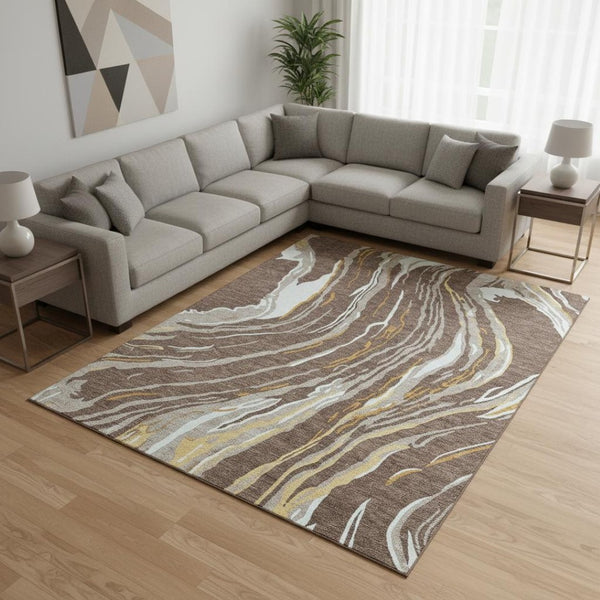 HomeRoots 10' Abstract Washable Area Rug in Brown, Ivory & Taupe - UV-Resistant, Durable & Easy to Clean! 681371