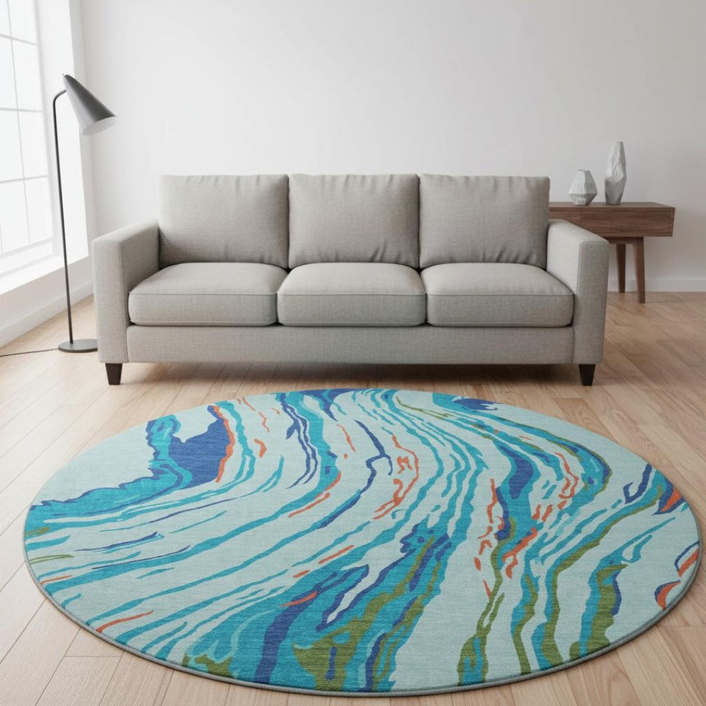 HomeRoots 8' Vibrant Abstract Washable Round Rug with UV Protection - Perfect for Modern Living Spaces & Durability 681374