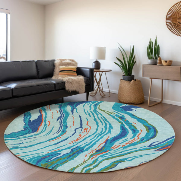 HomeRoots 8' Vibrant Abstract Washable Round Rug with UV Protection - Perfect for Modern Living Spaces & Durability 681374