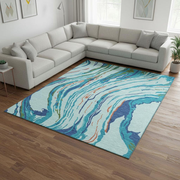 HomeRoots 8' X 10' Vibrant Blue, Orange & Green Abstract Washable Area Rug with UV Protection for Indoor/Outdoor Use 681375