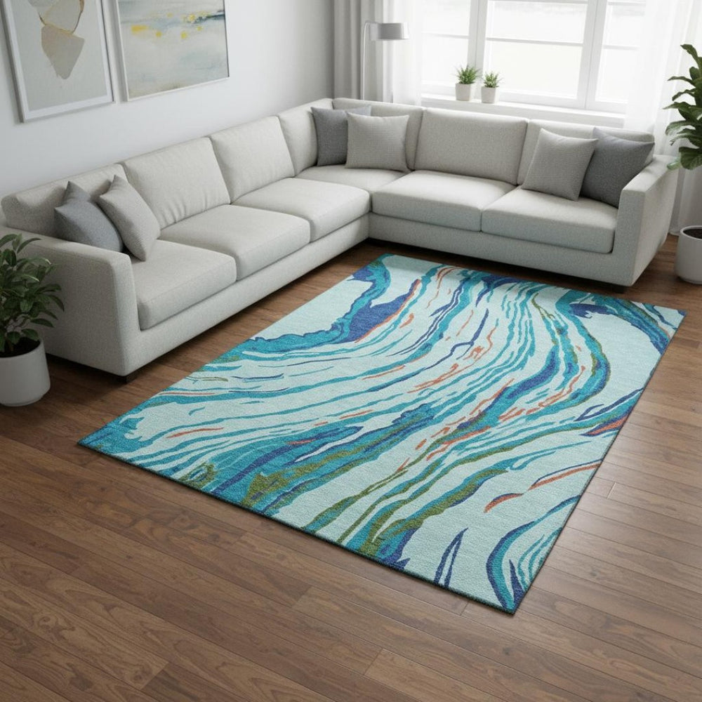 HomeRoots 9' X 12' Vibrant Blue, Orange & Green Abstract Area Rug – Durable, Washable & UV Protected for Homes 681376