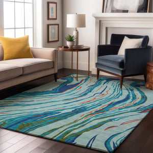 HomeRoots 10' X 14' Washable Abstract Area Rug in Bold Blue, Orange & Green - UV Protected & Stain Resistant! 681377
