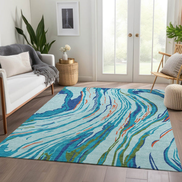 HomeRoots 10' X 14' Washable Abstract Area Rug in Bold Blue, Orange & Green - UV Protected & Stain Resistant! 681377