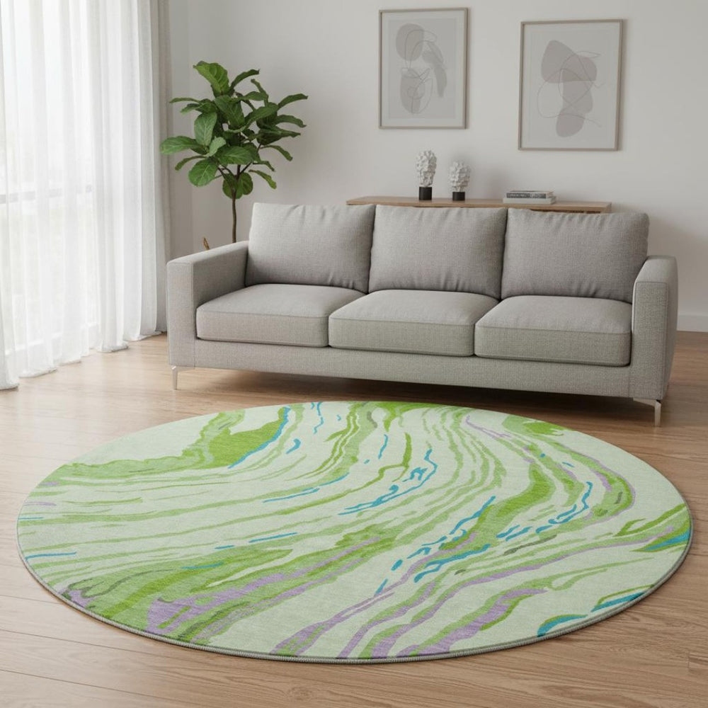HomeRoots 8' Vibrant Green Lavender Teal Abstract Washable Round Rug - UV Protected, Ideal for Homes & Patios 681380